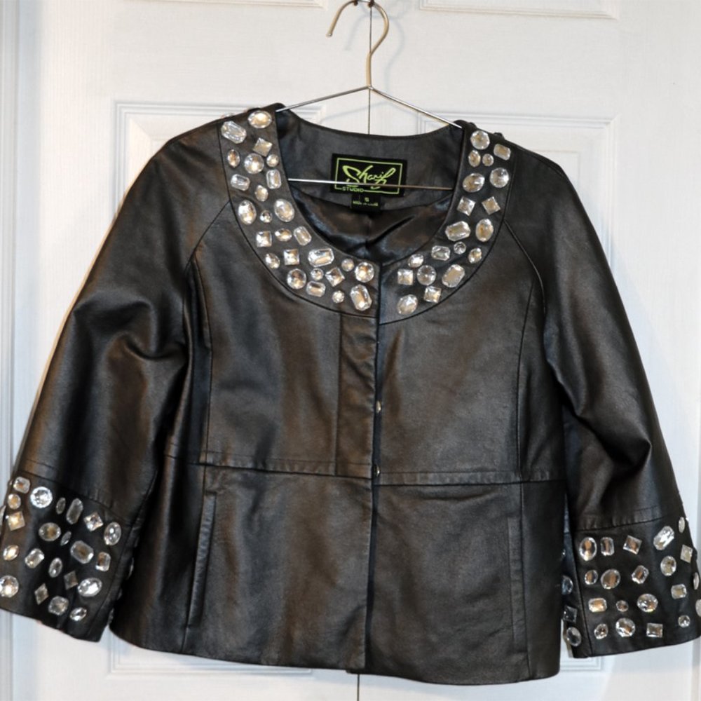 Sharif Studio black leather and rhinestone jacket, size small, perfect condition